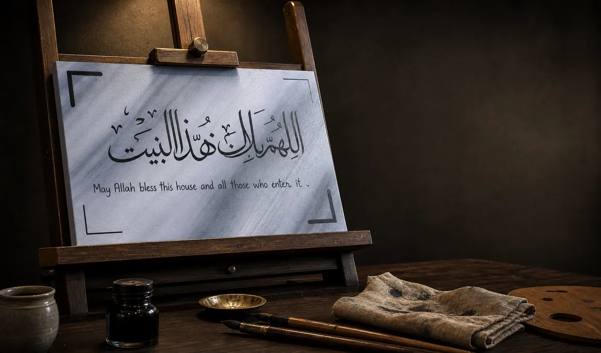 Artist studio easel with Allah bless this house calligraphy canvas, brushes, ink, and paint tools