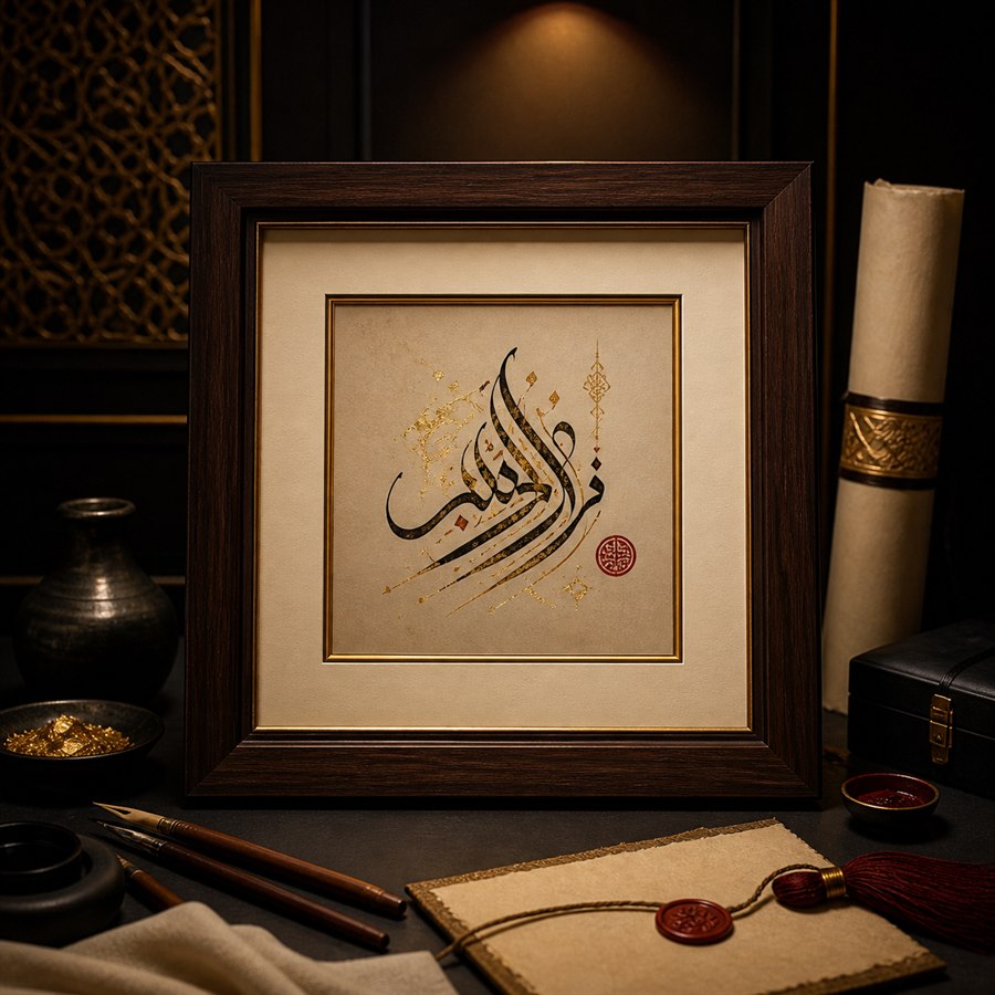 Framed calligraphy artwork prepared for presentation