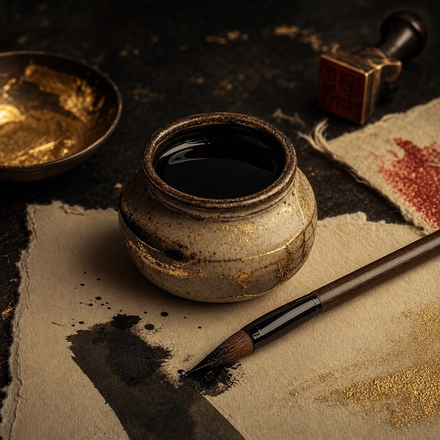 Black ink pot and calligraphy brush on textured paper