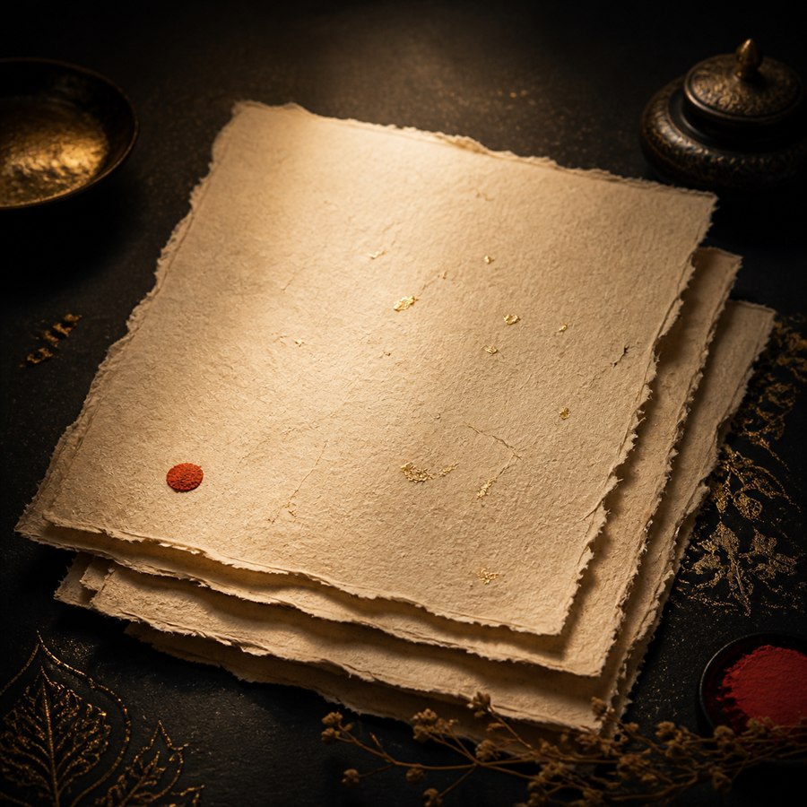 Deckled handmade paper under warm gallery light