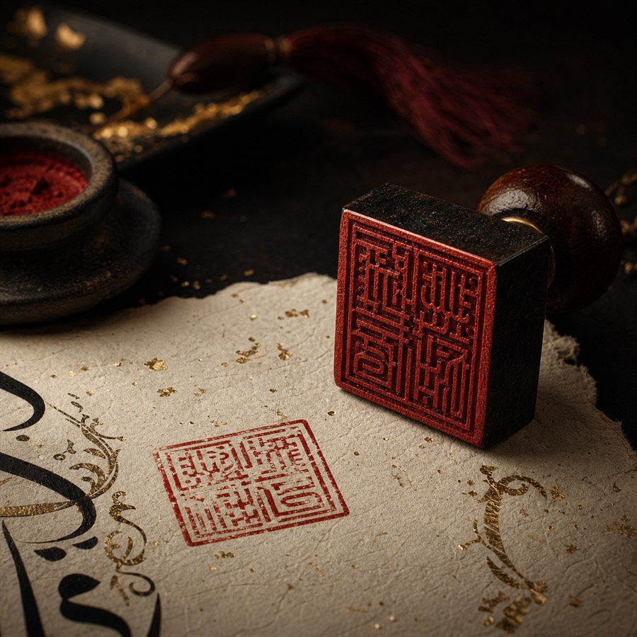 Red studio seal stamp on handmade calligraphy paper